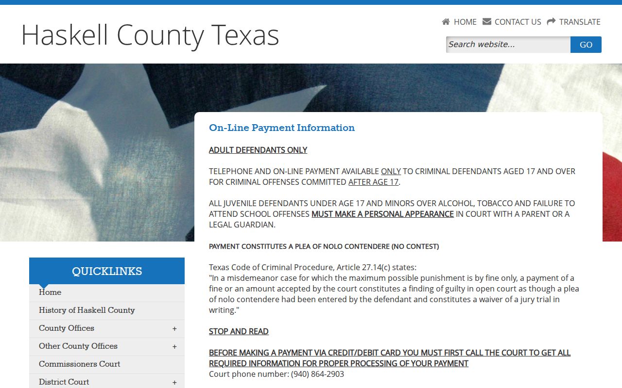 Haskell County traffic ticket Justice Court payment warnings