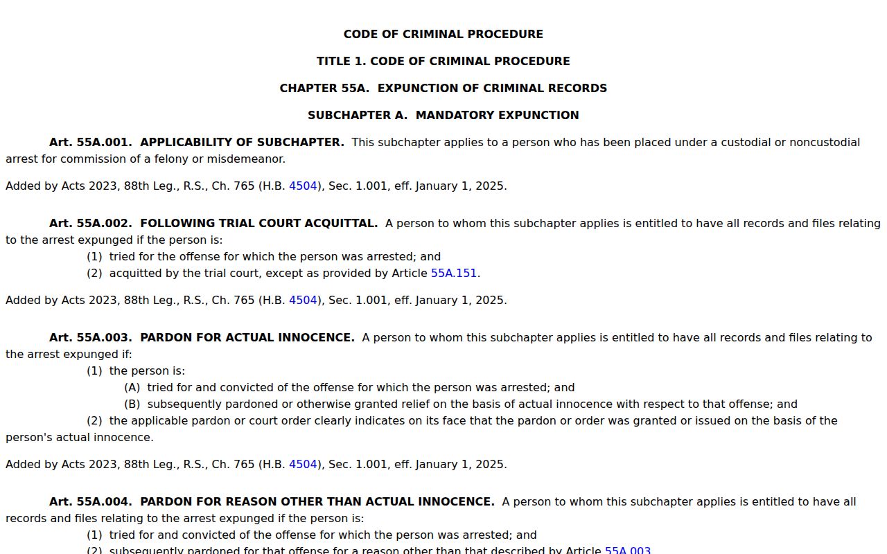 Texas Code of Criminal Procedure Chapter 55A expunction access provisions relevant to Haskell County criminal dockets