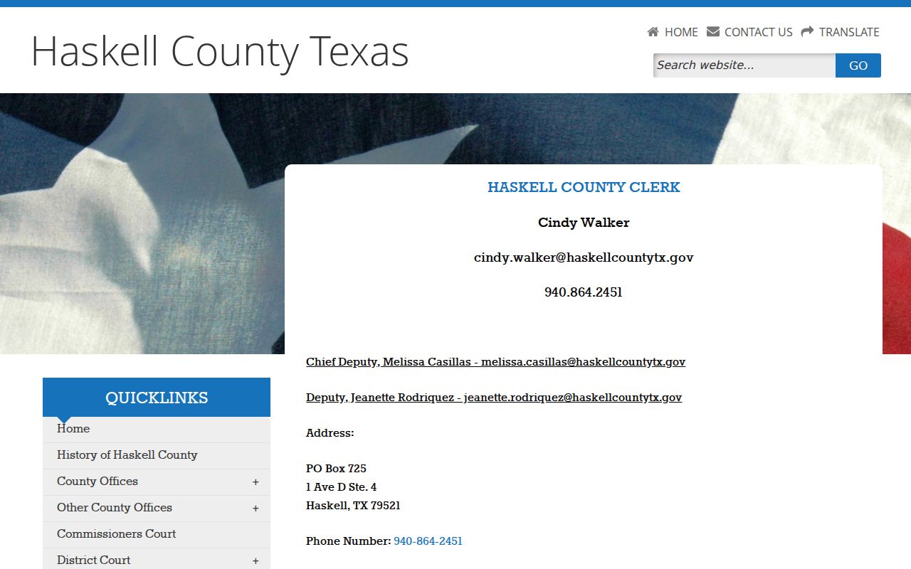 Haskell County Clerk webpage with Cindy Walker contact details and office information