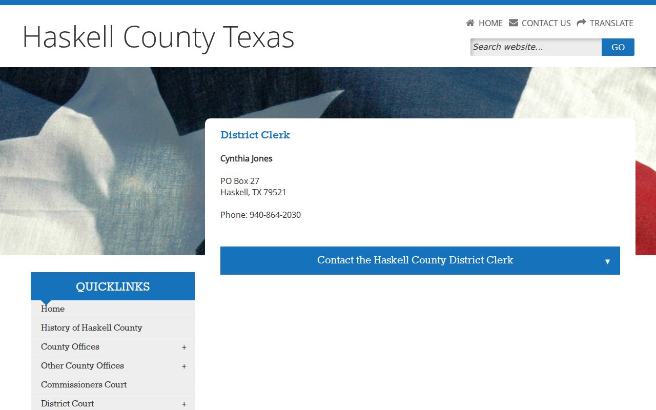 Haskell District Clerk webpage with Cynthia Jones office contact and inquiry form