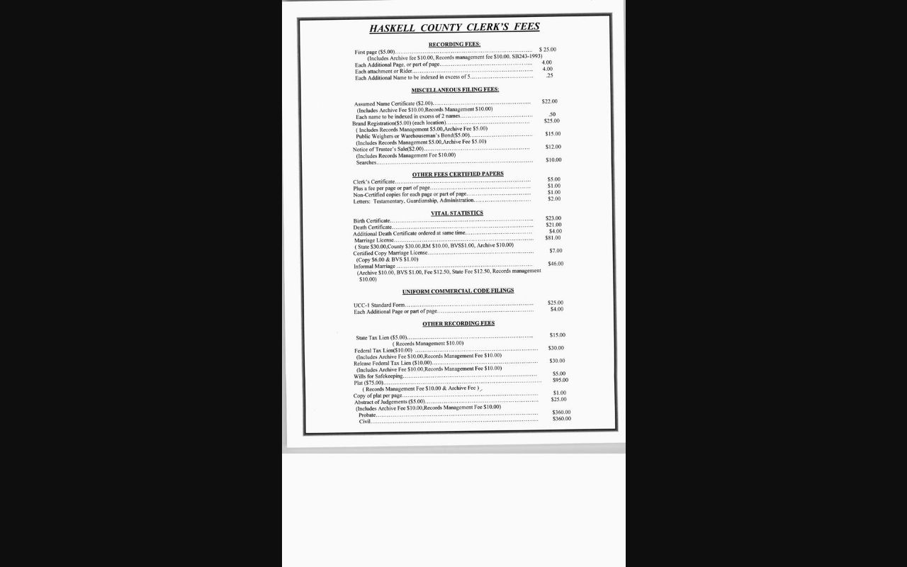 Haskell County Clerk fee sheet showing search copy certification probate and civil fee lines